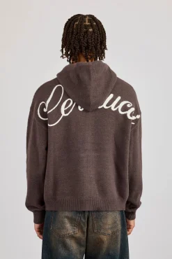 Knitted Cernucci Back Detail Boxy Zip Hoodie -Brown
