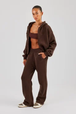 Knitted Embroidered Wide Leg Jogger - Chocolate