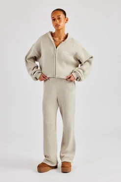 Knitted Embroidered Wide Leg Jogger - Stone