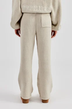 Knitted Embroidered Wide Leg Jogger - Stone