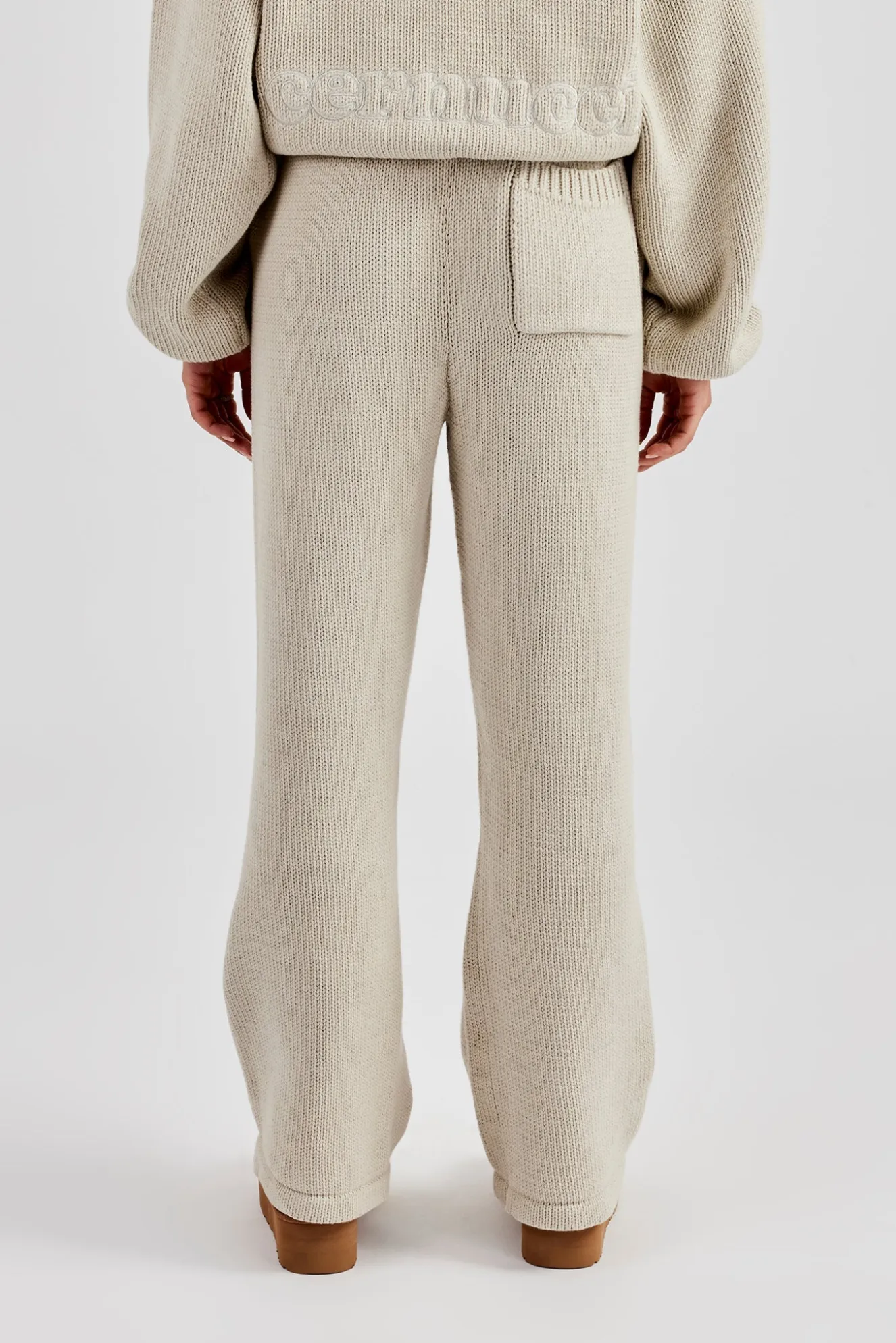 Knitted Embroidered Wide Leg Jogger - Stone