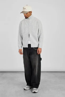 Knitted Funnel Neck Zip Through - Grey