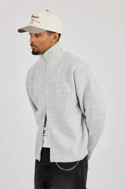 Knitted Funnel Neck Zip Through - Grey