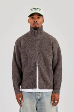 Knitted Funnel Neck Zip Through - Mocha
