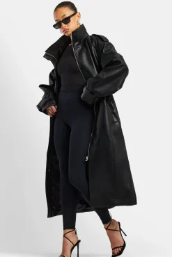 Ladies Faux Leather Trench Coat - Black