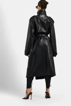 Ladies Faux Leather Trench Coat - Black