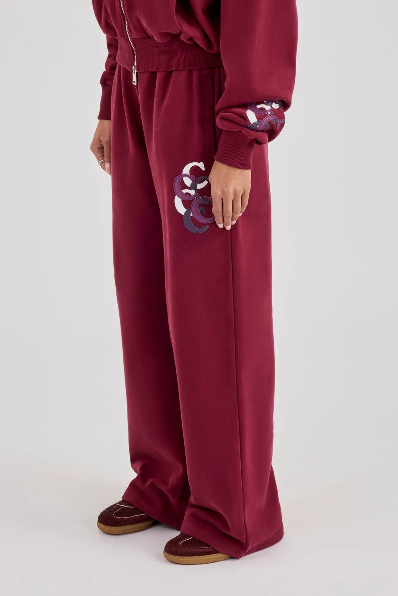Layered Applique Wide Leg Jogger - Burgundy