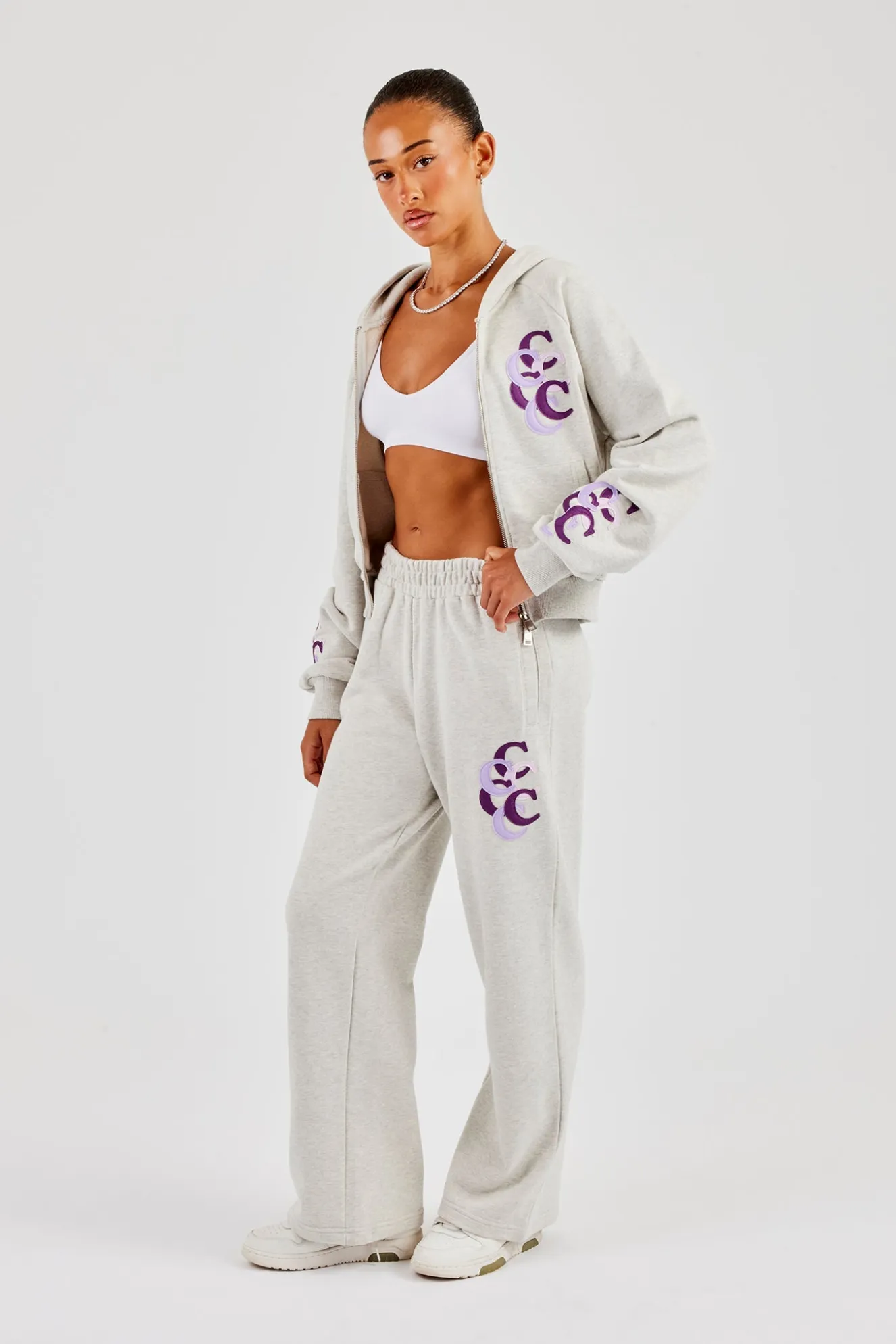 Layered Applique Wide Leg Jogger - Ash Grey