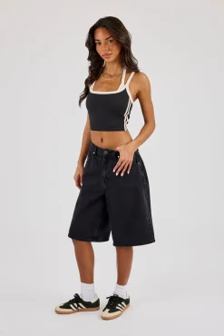Layered Contrast Strap Top - Black