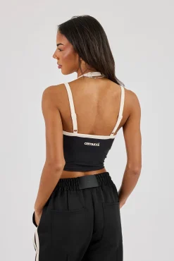 Layered Contrast Strap Top - Black