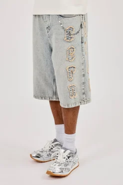 Logo Applique Denim Jorts & 10mm Cernucci Motif Jean Chain - Antique Wash