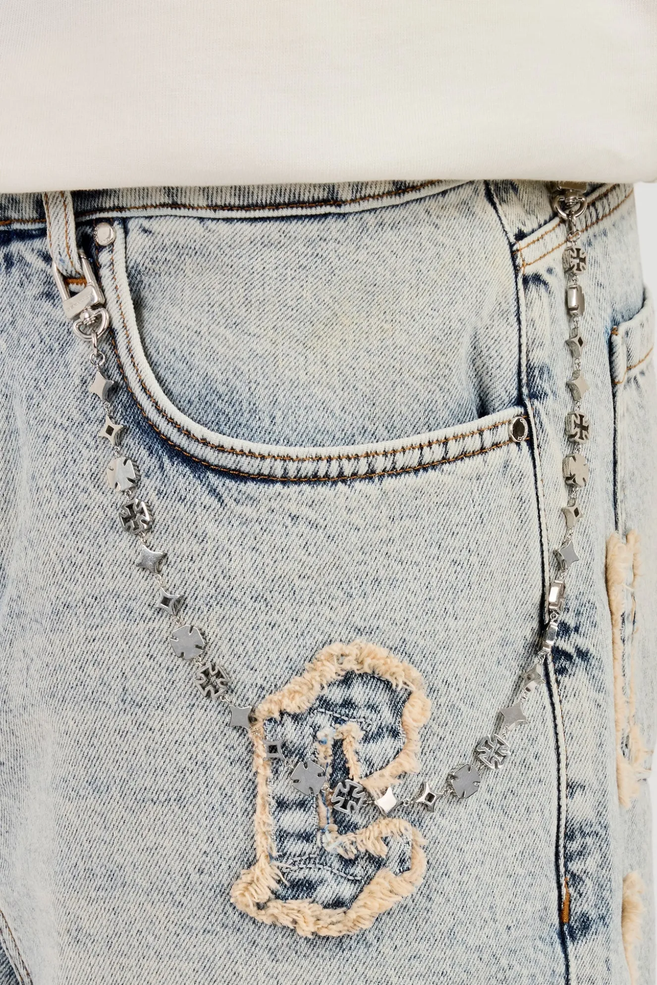 Logo Applique Denim Jorts & 10mm Cernucci Motif Jean Chain - Antique Wash