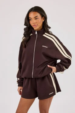Logo Embroidered Funnel Neck Zip Through Track Jacket Chocolate
