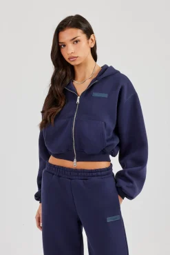 Logo Tab Boxy Zip Hoodie - Navy Blue