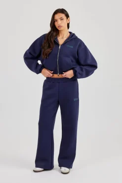 Logo Tab Boxy Zip Hoodie & Wide Leg Jogger - Navy Blue