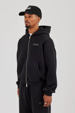 Logo Tab Zip Hoodie  Black