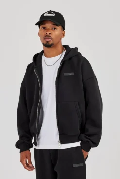 Logo Tab Zip Hoodie  Black