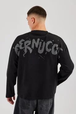 Long Sleeve Back Puff Print T-Shirt - Black
