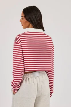 Long Sleeve Stripe Cropped Polo - Pink