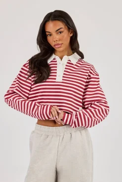 Long Sleeve Stripe Cropped Polo - Pink