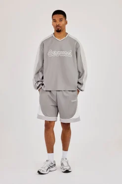 Long Sleeve V Neck Football Top - Light Grey