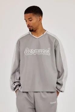 Long Sleeve V Neck Football Top - Light Grey