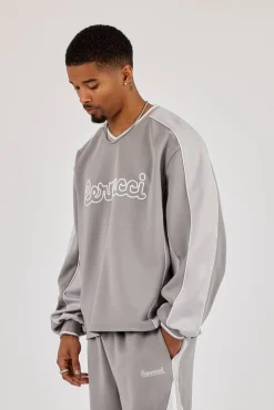 Long Sleeve V Neck Football Top - Light Grey