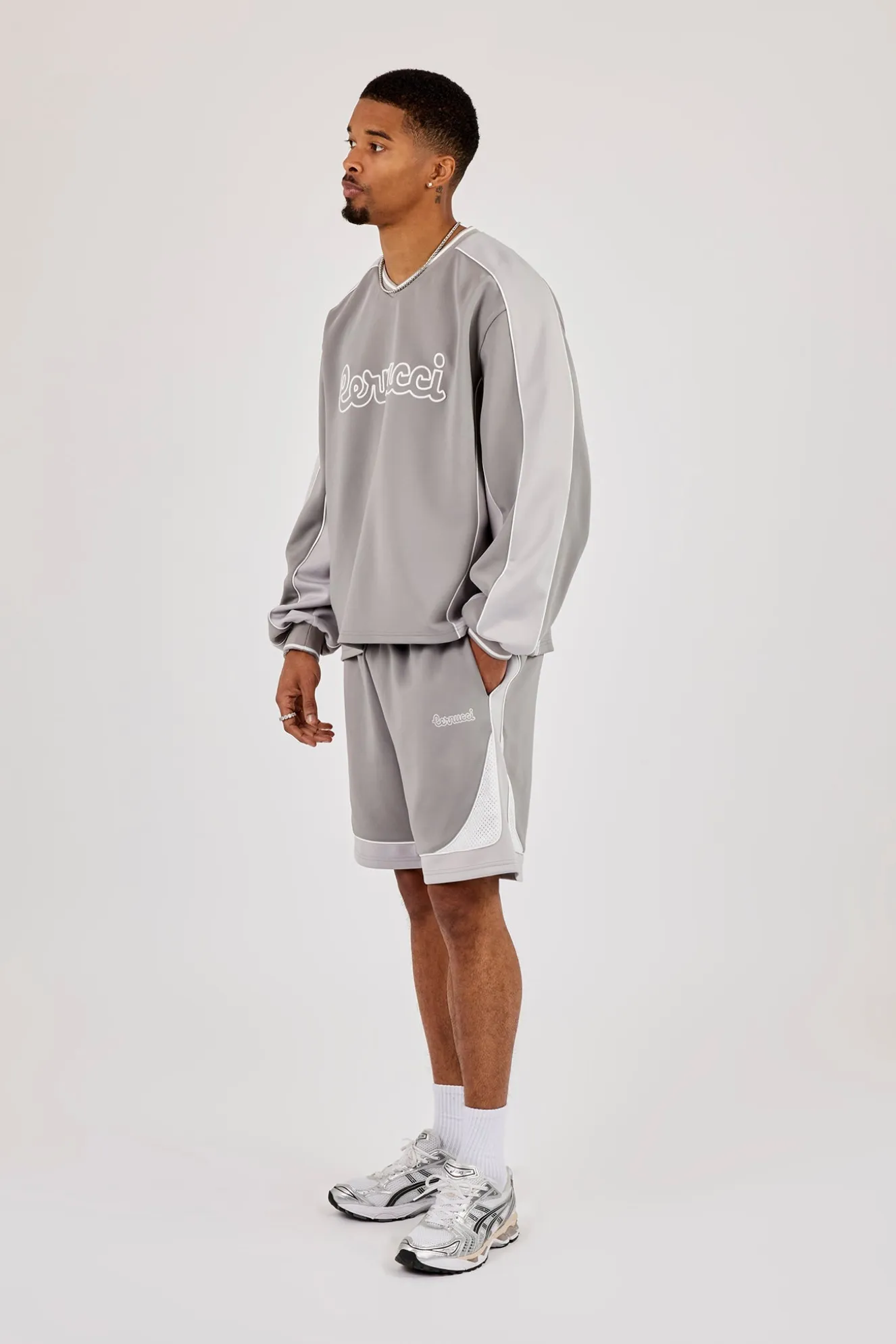 Long Sleeve V Neck Football Top & Relaxed Panelled Short - Light Grey