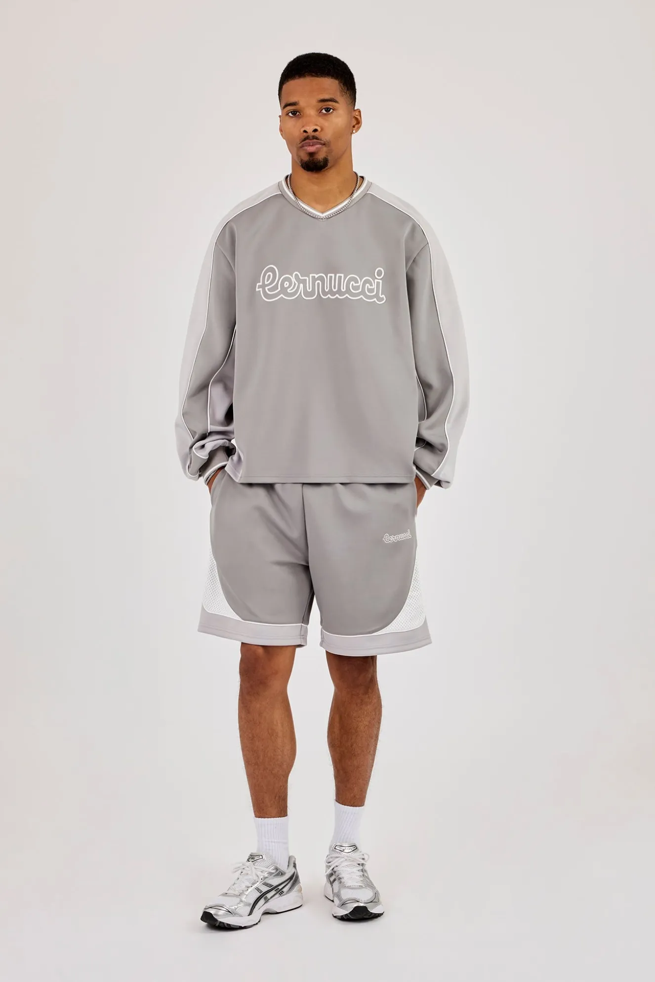 Long Sleeve V Neck Football Top & Relaxed Panelled Short - Light Grey