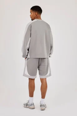 Long Sleeve V Neck Football Top & Relaxed Panelled Short - Light Grey