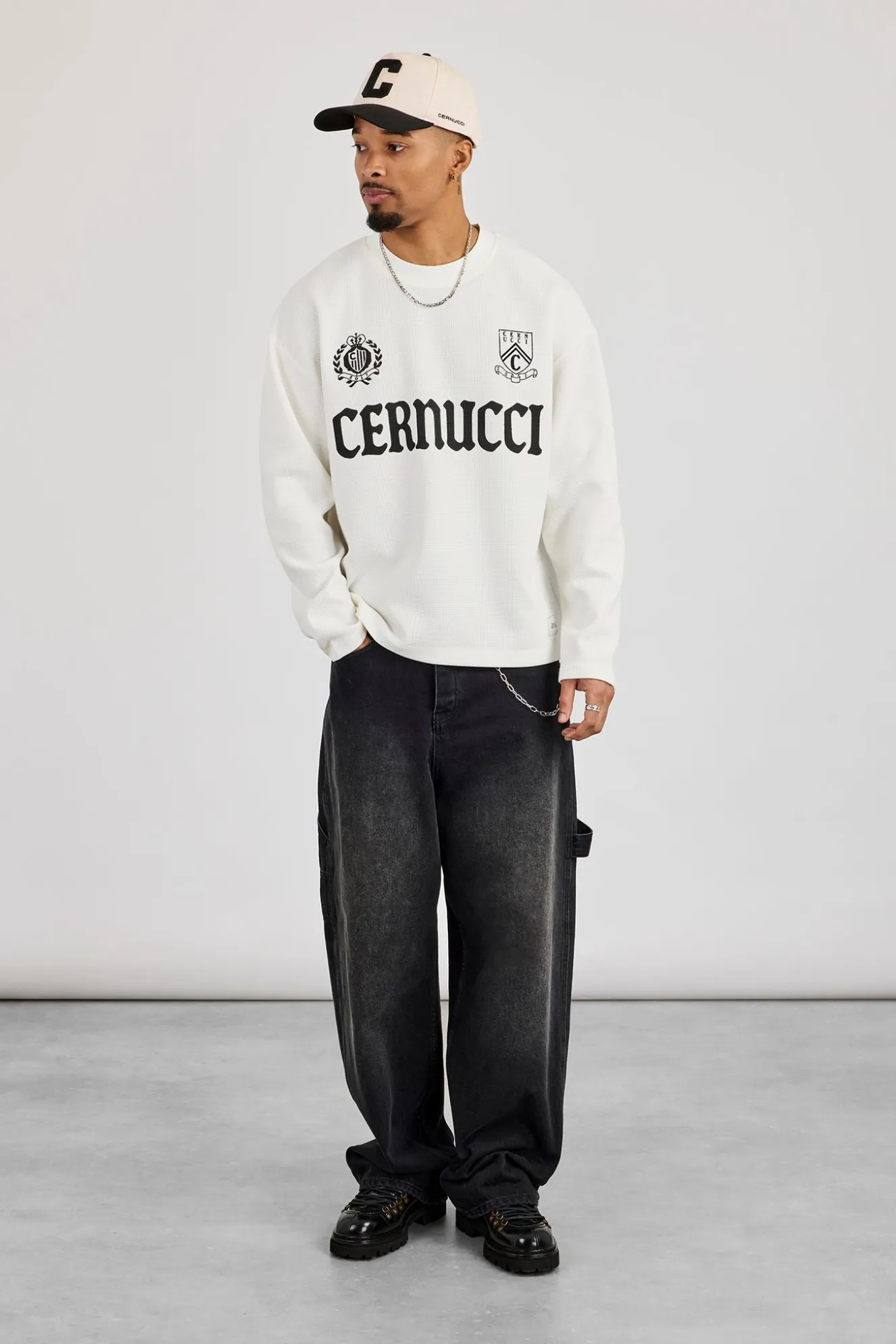 Long Sleeve Waffle Print T-Shirt - Off White