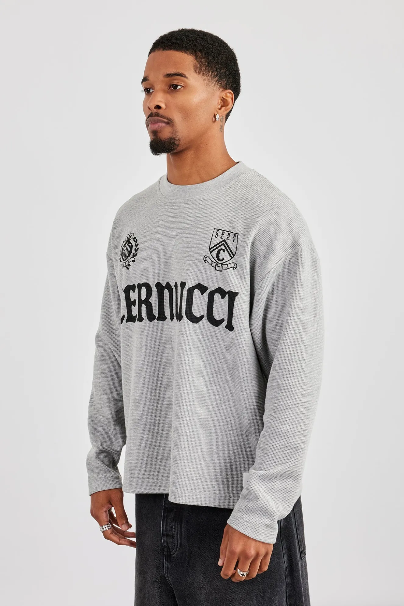Long Sleeve Waffle Print T-Shirt - Grey