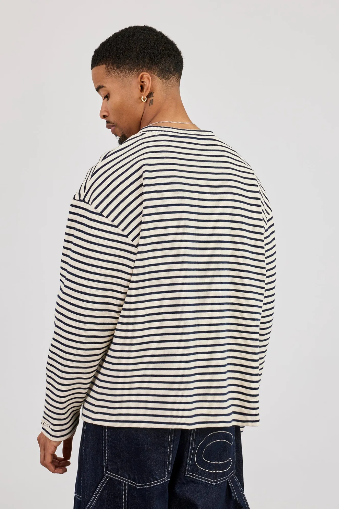Long Sleeve Waffle Stripe T-Shirt - Navy