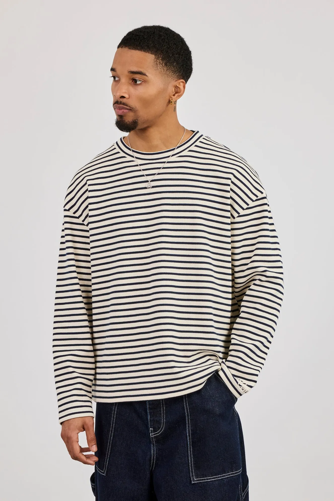 Long Sleeve Waffle Stripe T-Shirt - Navy
