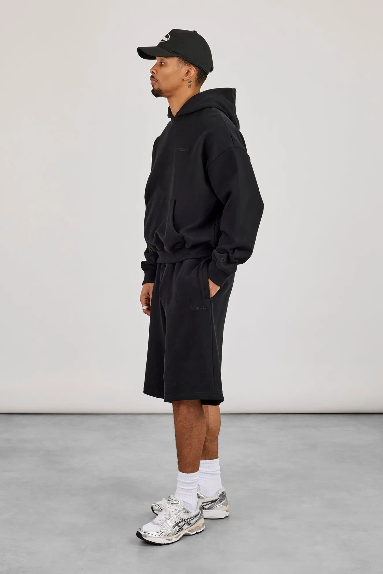 Men's Boxy Hoodie & Embroidered Jersey Jort - Black