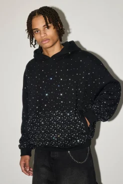 Mens Boxy Rhinestone Hoodie - Black