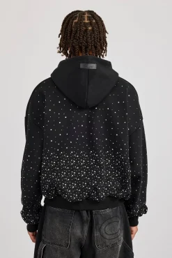 Mens Boxy Rhinestone Hoodie - Black