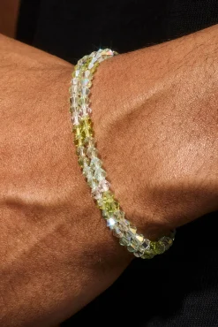 Mens Green Double Layer Glass Bead Bracelet - 4mm - White