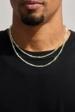 Mens Green Double Layer Glass Bead Necklace - 4mm - White