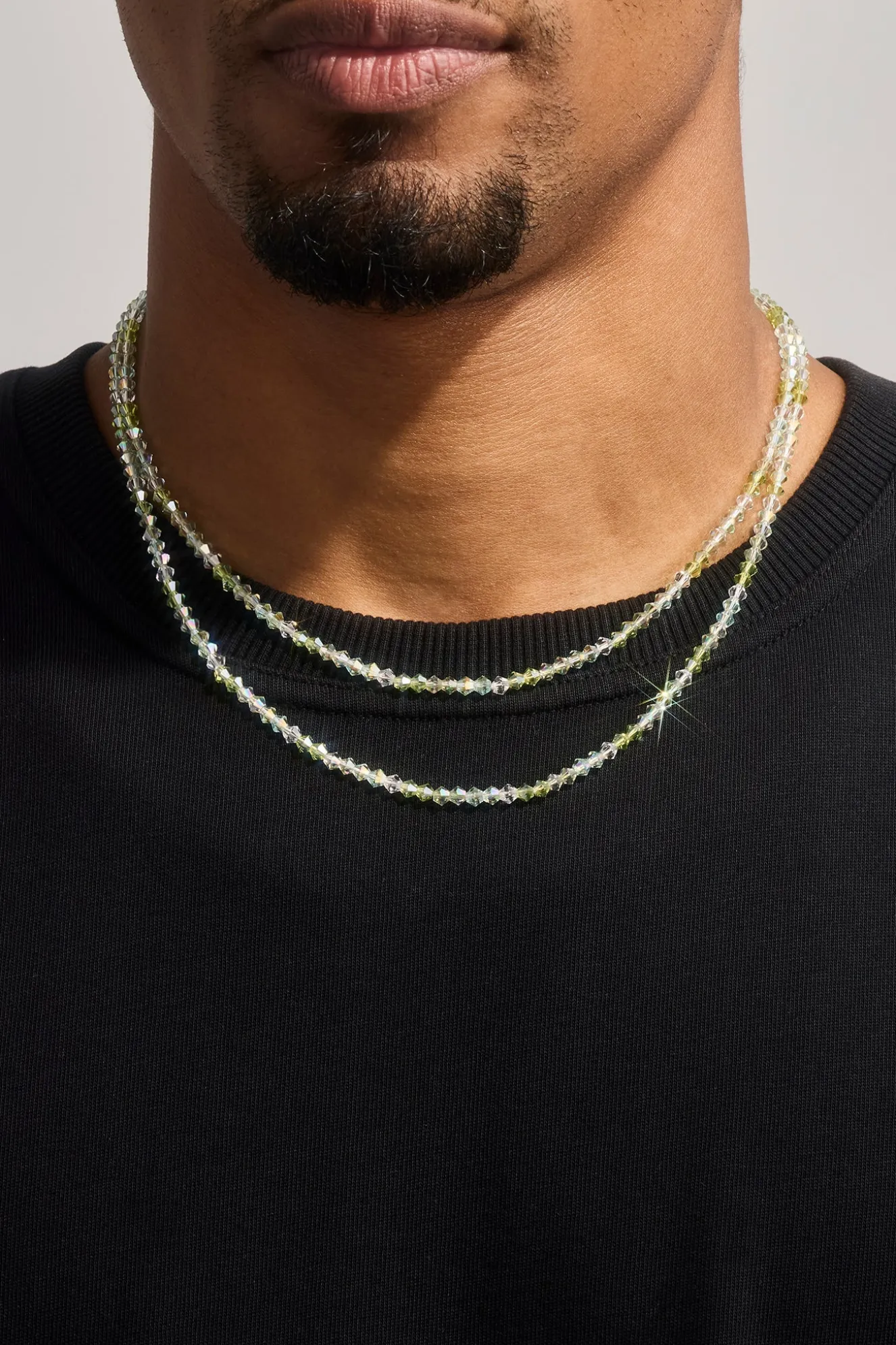 Mens Green Double Layer Glass Bead Necklace - 4mm - White