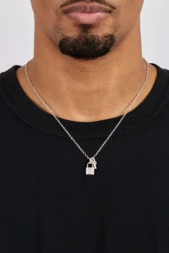 Mens Iced Padlock & Key Necklace - 15mm - White