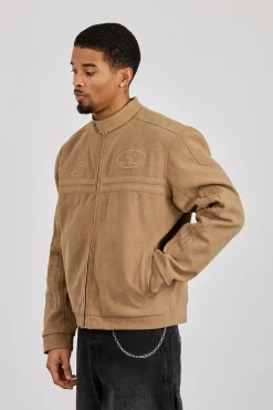 Mens Suede Applique Moto Jacket - Taupe