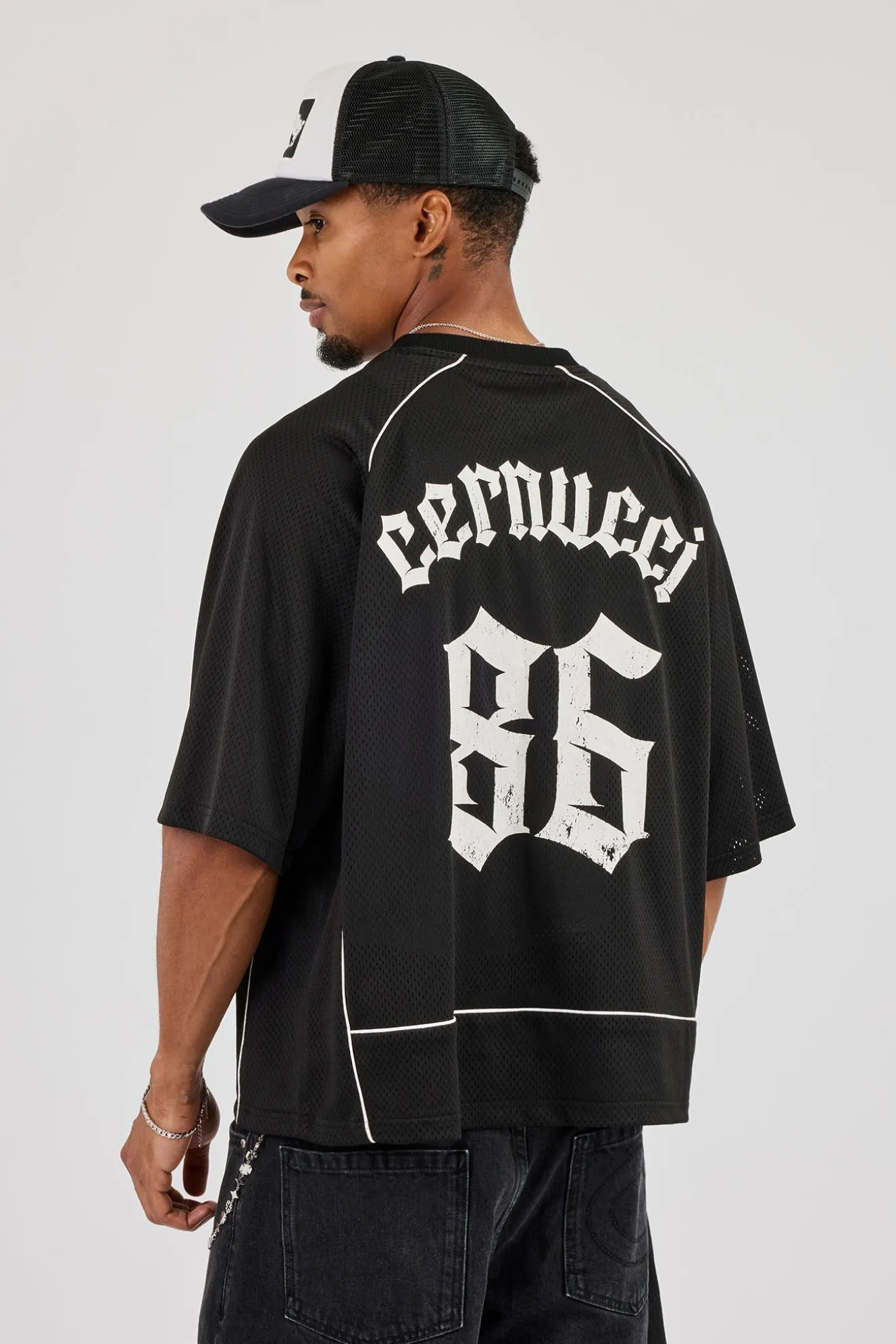 Mesh Back Print Oversized T-Shirt - Black