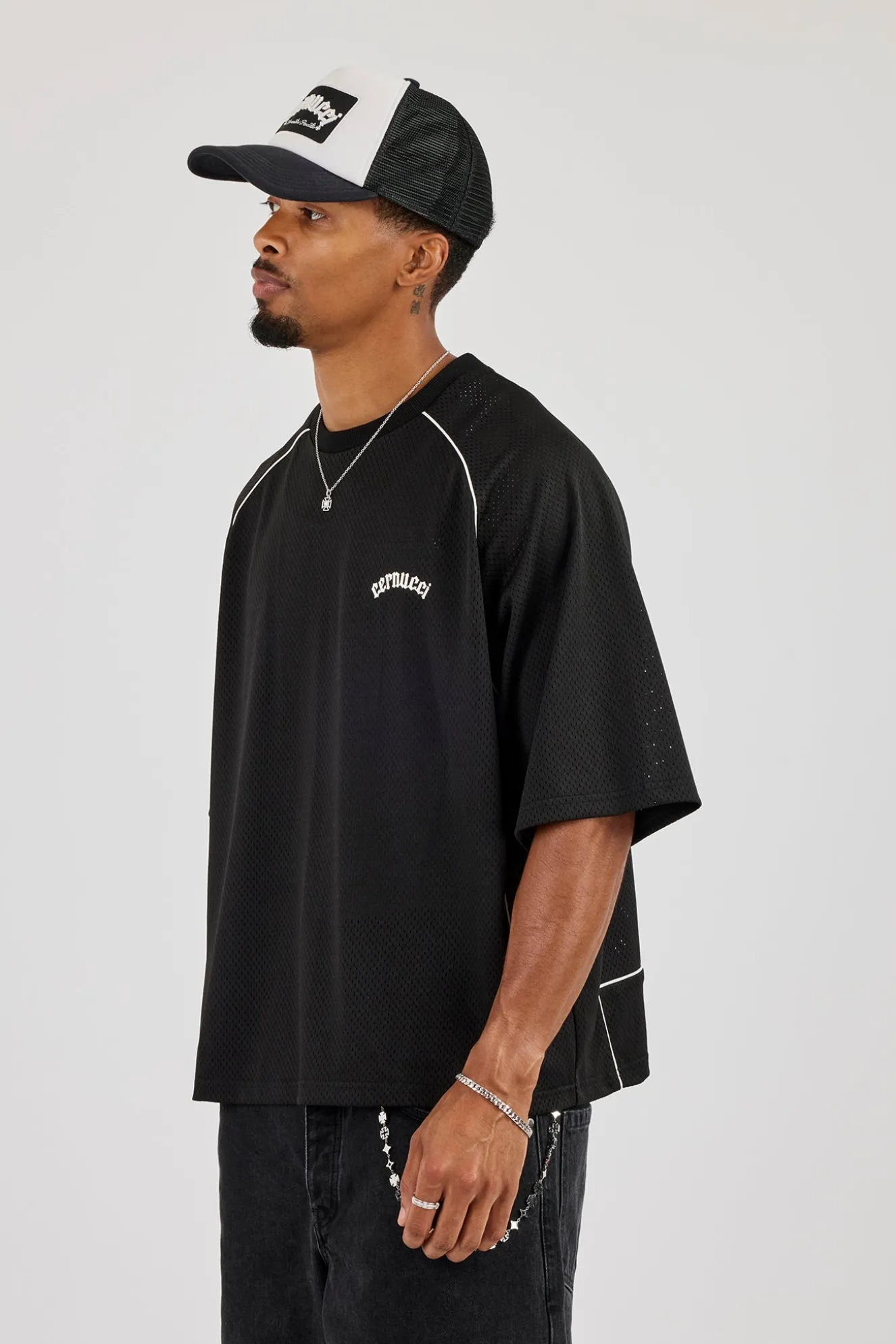 Mesh Back Print Oversized T-Shirt - Black