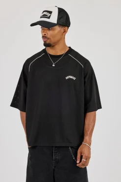 Mesh Back Print Oversized T-Shirt - Black
