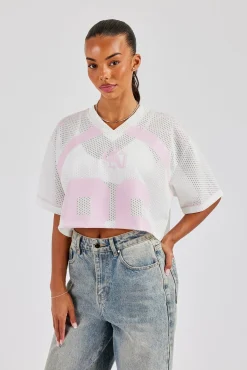 Mesh Cropped Pink 86 Top - White