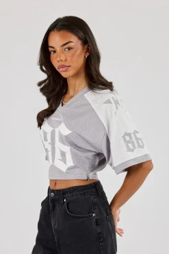 Mesh Fitted Cropped Top - Grey