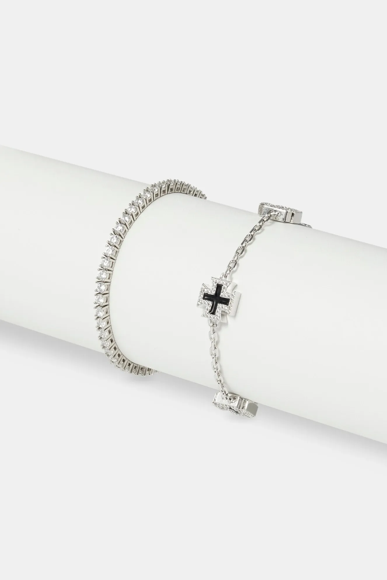 12mm Black Enamel Cross Motif Bracelet & 3mm Tennis Bracelet - White