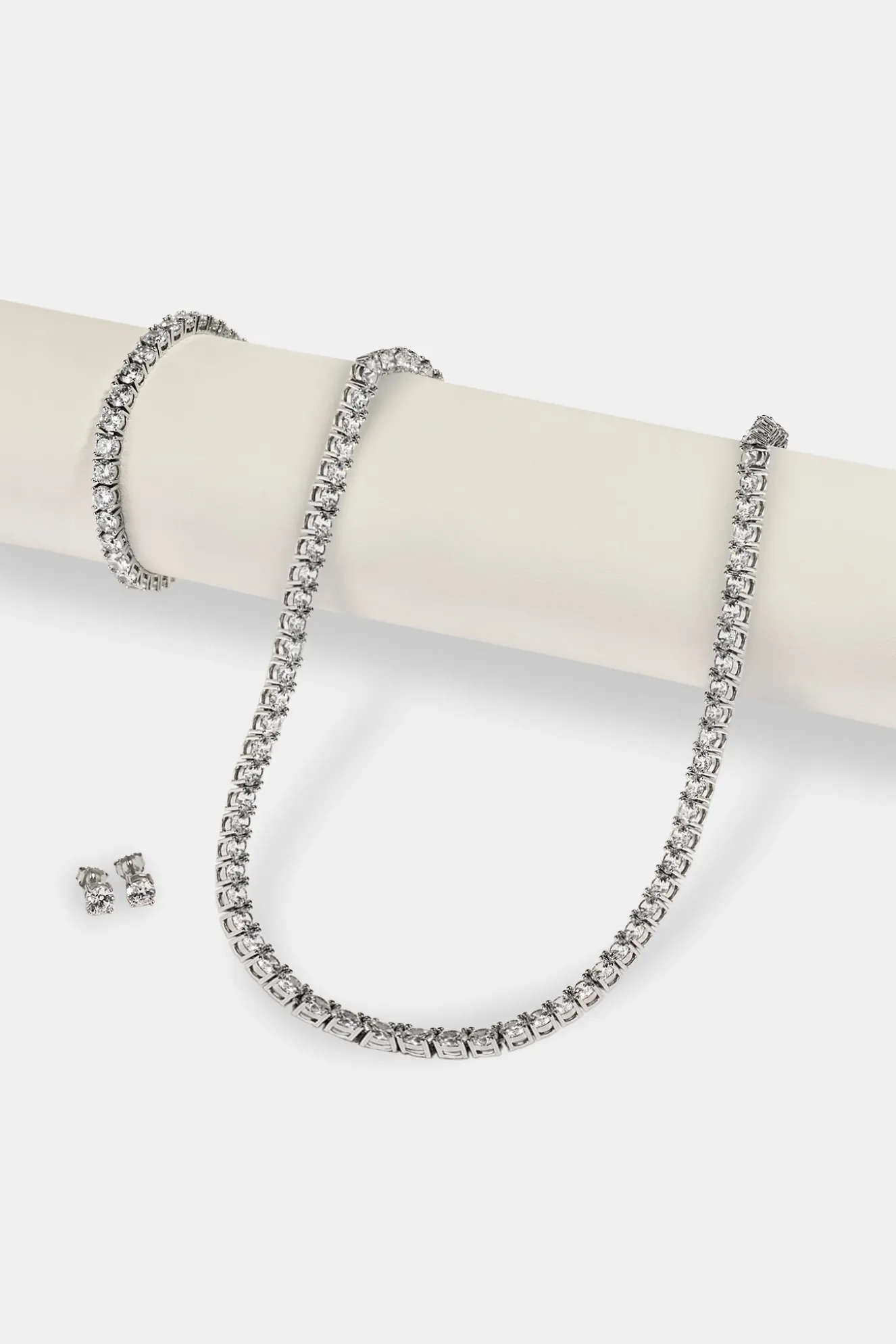 5mm Tennis Bracelet, Chain & Round Cut Stud Earring - 6mm - White