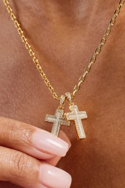 Mother Of Pearl Double Cross Necklace - 15mm - Gold
